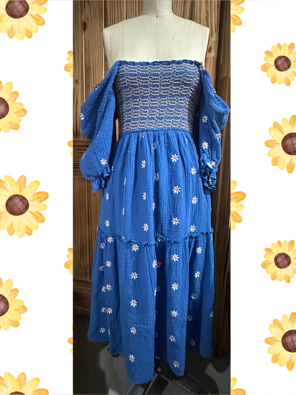 ❗️Blue Off-Shoulder Smocked Maxi Dress with Daisy Embroidery size medium